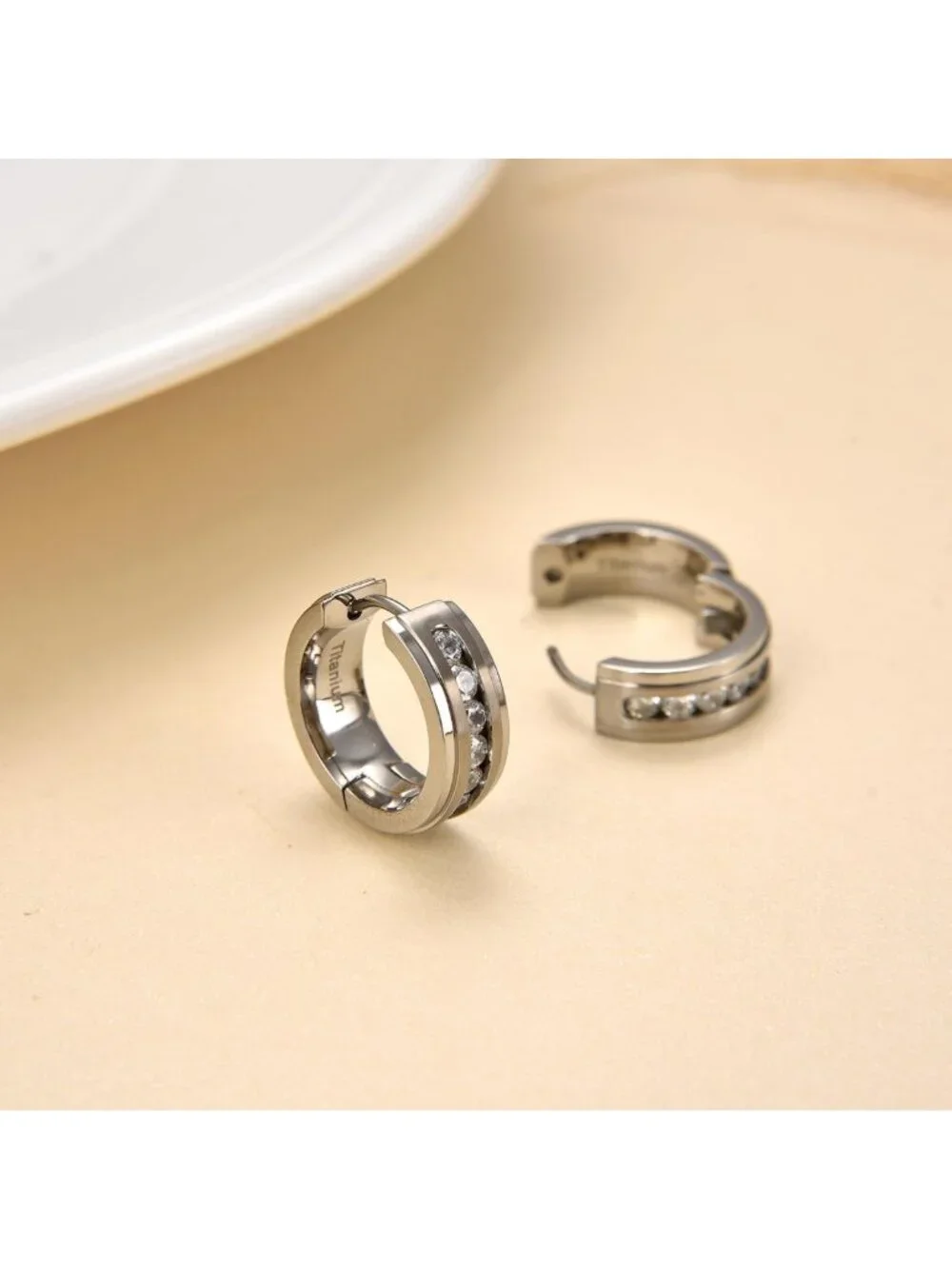 Pure Titanium Huggie Hoop Earrings for Sensitive Ears, CZ Accent, Unisex Style